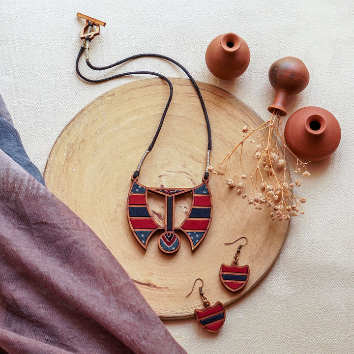 Handcrafted Wood & Fabric Arc Earrings & Necklace