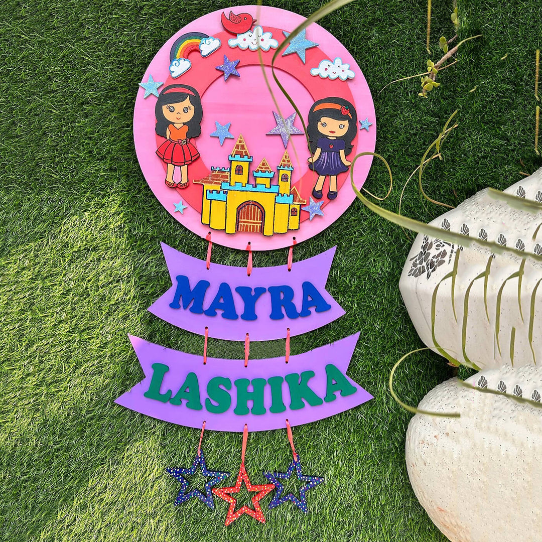 Hand Painted Sibling Special Personalised Kids Name Plate 16 - Hanging Name Signage Display