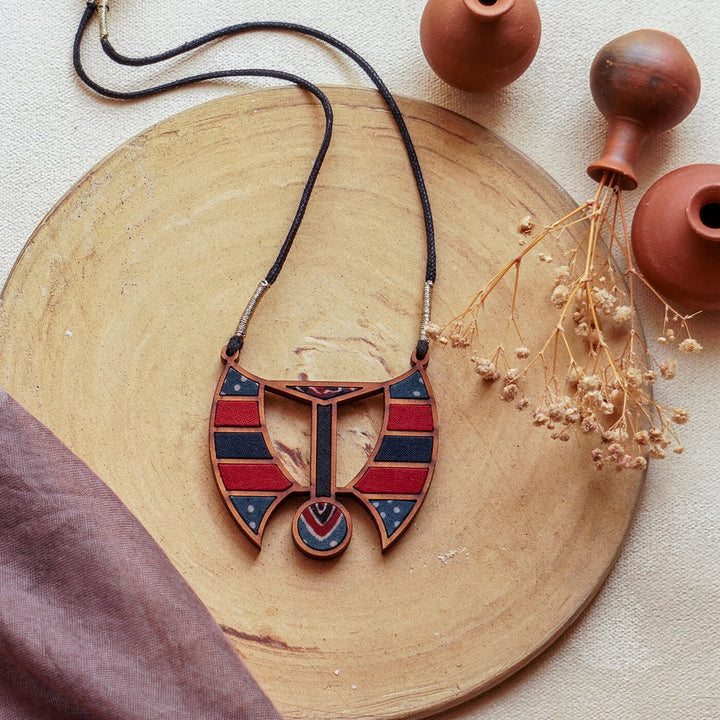 Handcrafted Wood & Fabric Arc Necklace & Earrings