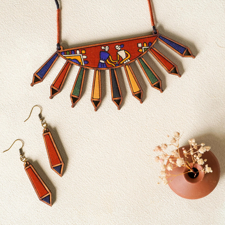 Handcrafted Wood & Fabric Rays Earrings & Necklace