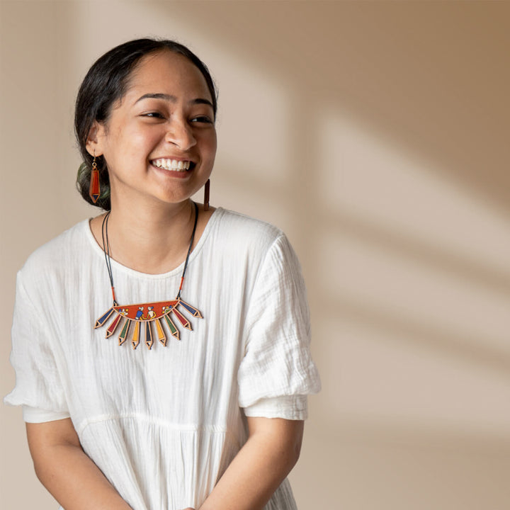 Handcrafted Wood & Fabric Rays Earrings & Necklace