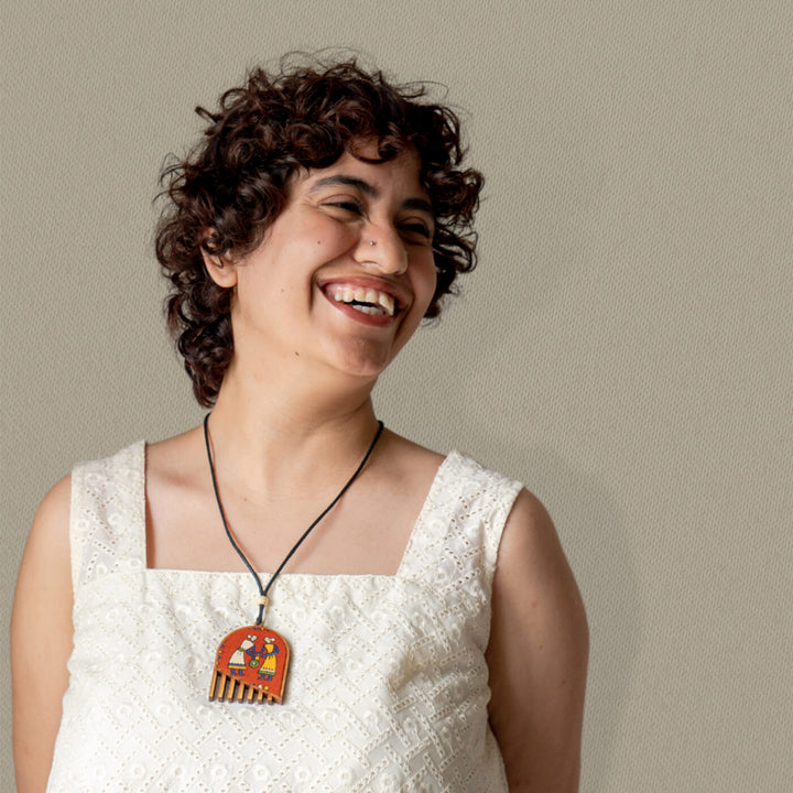 Handcrafted Wood & Fabric Fringe Earrings & Necklace