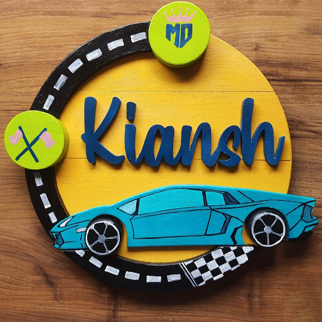 Hand Painted Personalized Car Themed Wooden Nameplate