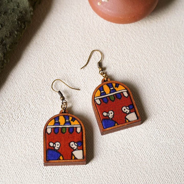 Handcrafted Wood & Fabric Fringe Earrings & Necklace