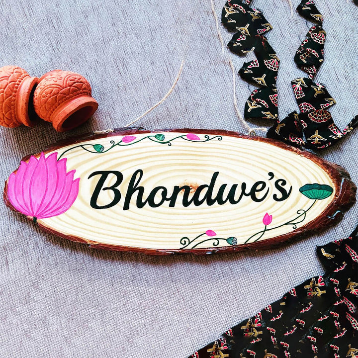 Handcrafted Personalized Lotus Oval Pinewood Nameplate