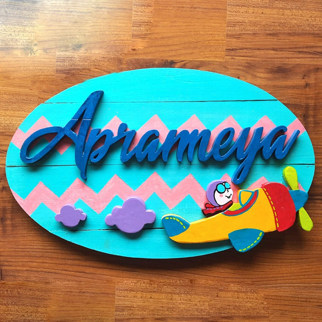 Hand Painted Personalized Plane Themed Wooden Nameplate