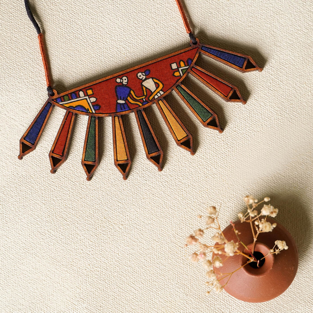 Handcrafted Wood & Fabric Rays Necklace & Earrings