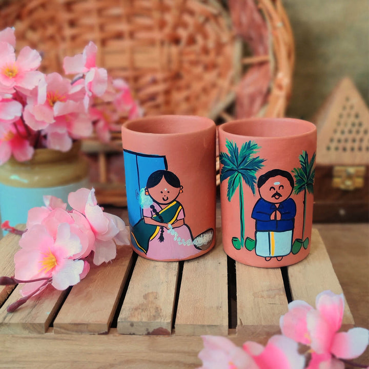 Handpainted Clay Tumblers with Regional Characters For Couples & Wedding Gifts