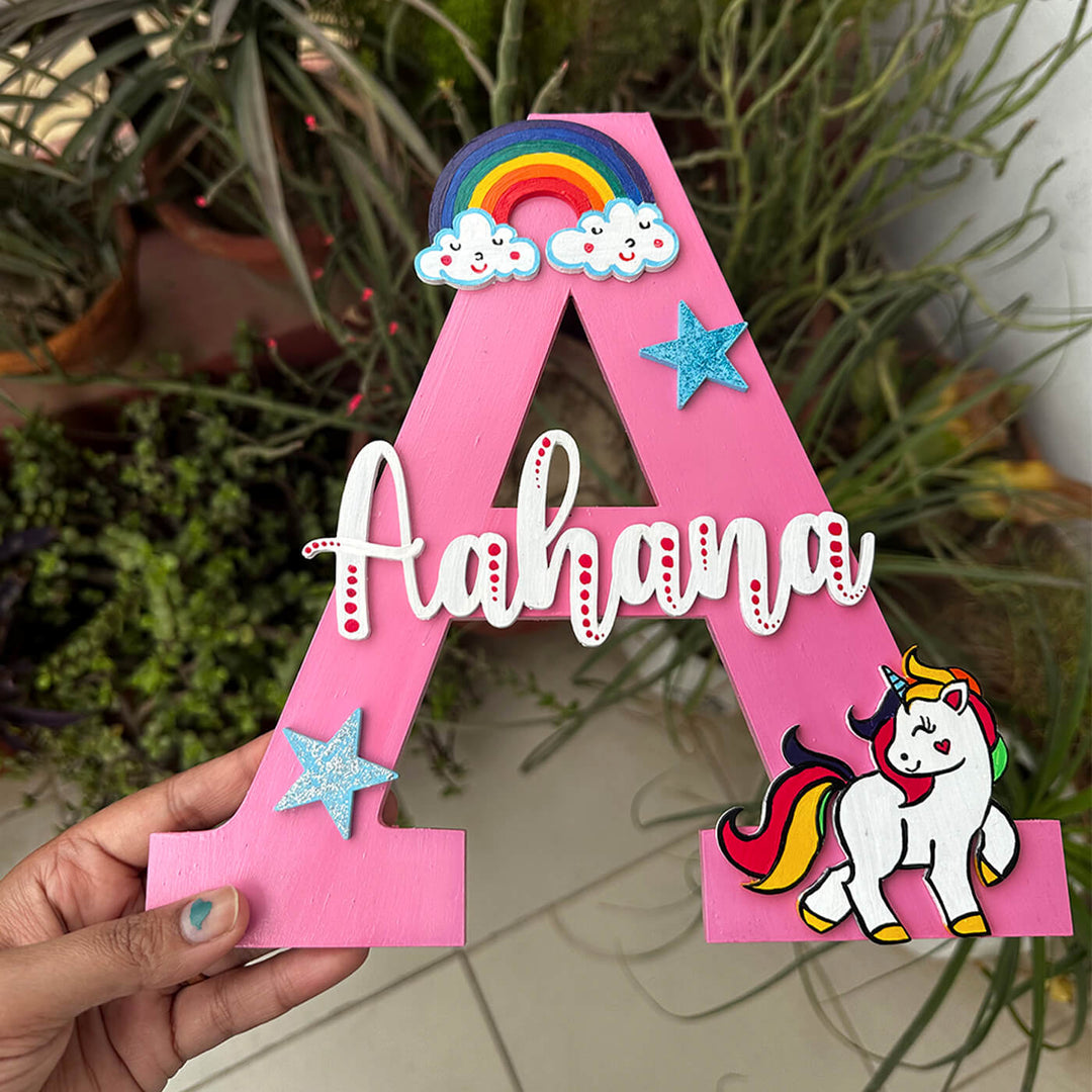 Handcrafted Personalized Kids Unicorn Themed Monogram MDF Nameplate