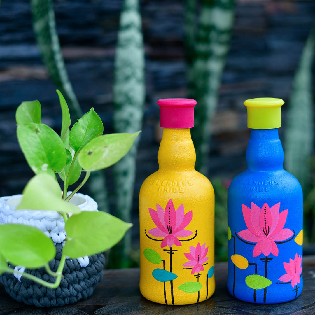 Pichwai Lotus Design Handpainted Glass Bottle