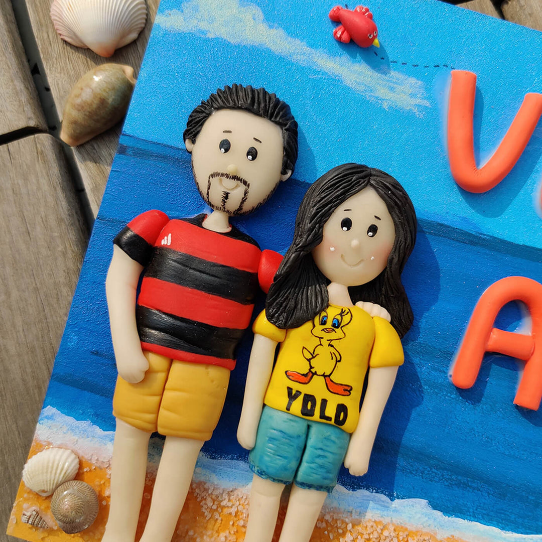Handcrafted Beach Themed Personalized Clay Caricature Nameplate For Couples