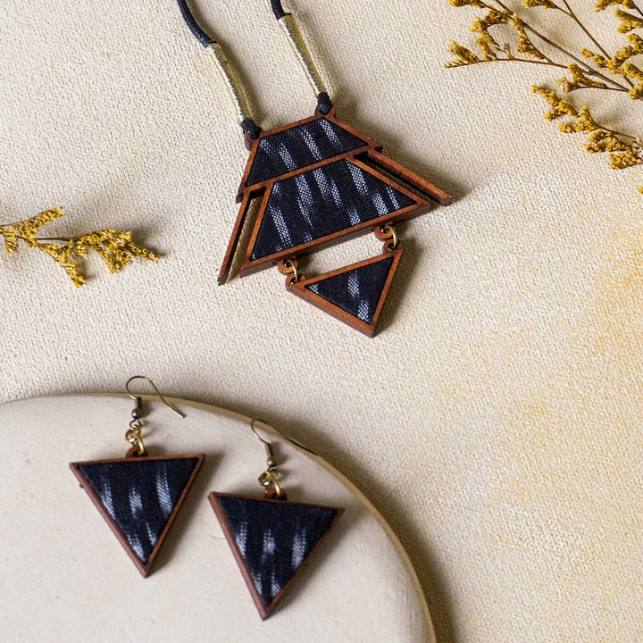 Handcrafted Wood & Fabric Triangle Necklace & Earrings - Zwende