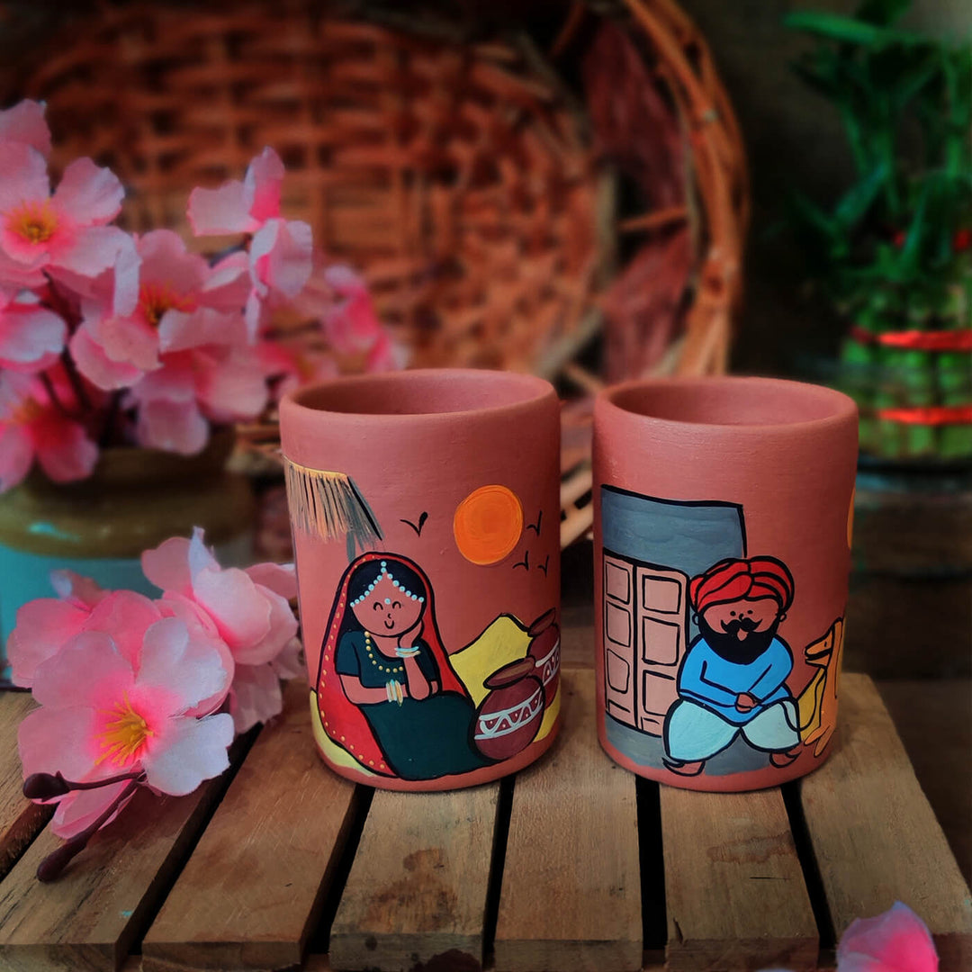 Handpainted Clay Tumblers with Regional Characters For Couples & Wedding Gifts