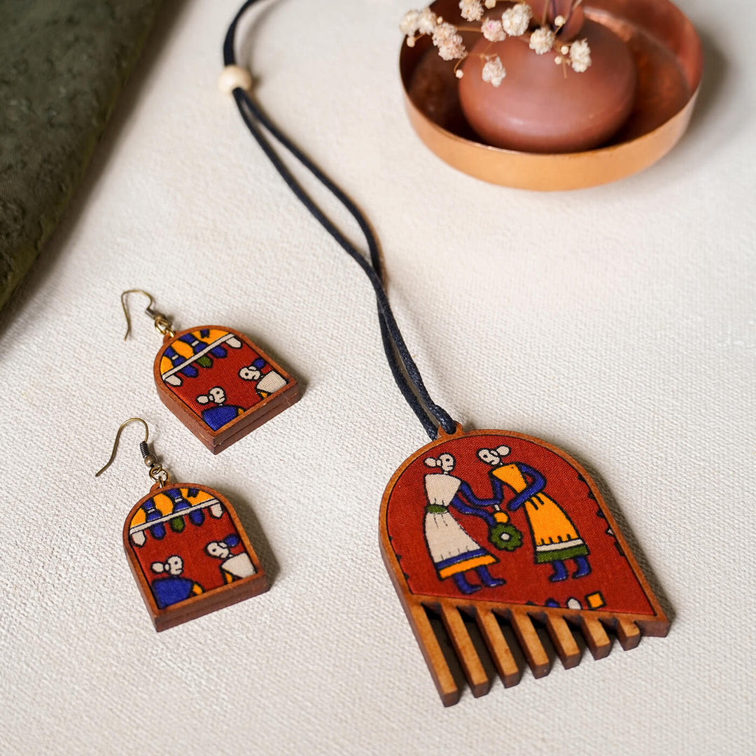 Handcrafted Wood & Fabric Fringe Earrings & Necklace