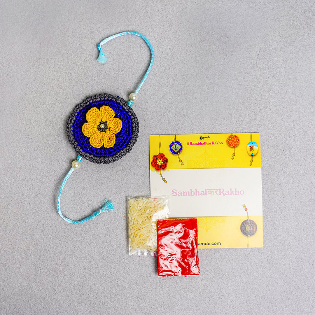 Floral Handcrafted Crochet Rakhi With Roli Chawal