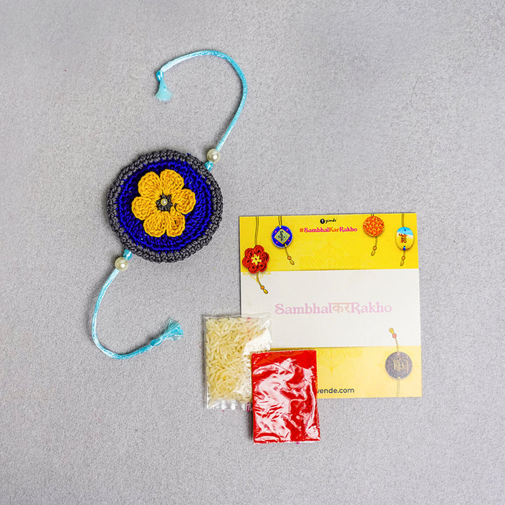 Floral Handcrafted Crochet Rakhi With Roli Chawal