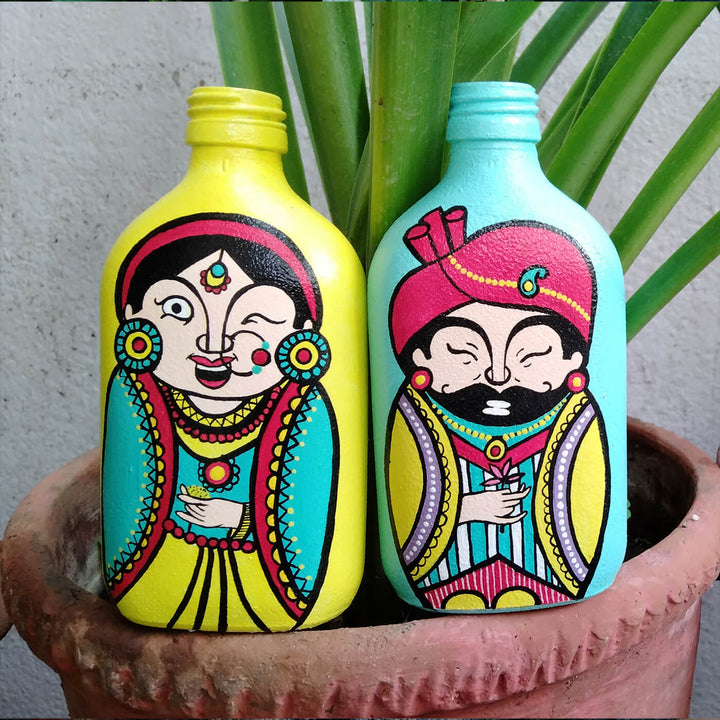 Handpainted Glass Bottle with Quirky Illustrations | Set of 2