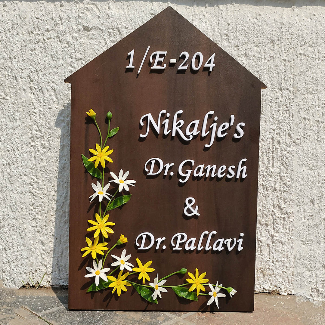 Handcrafted Personalized Daisy Wooden Pentagon Nameplate - Zwende