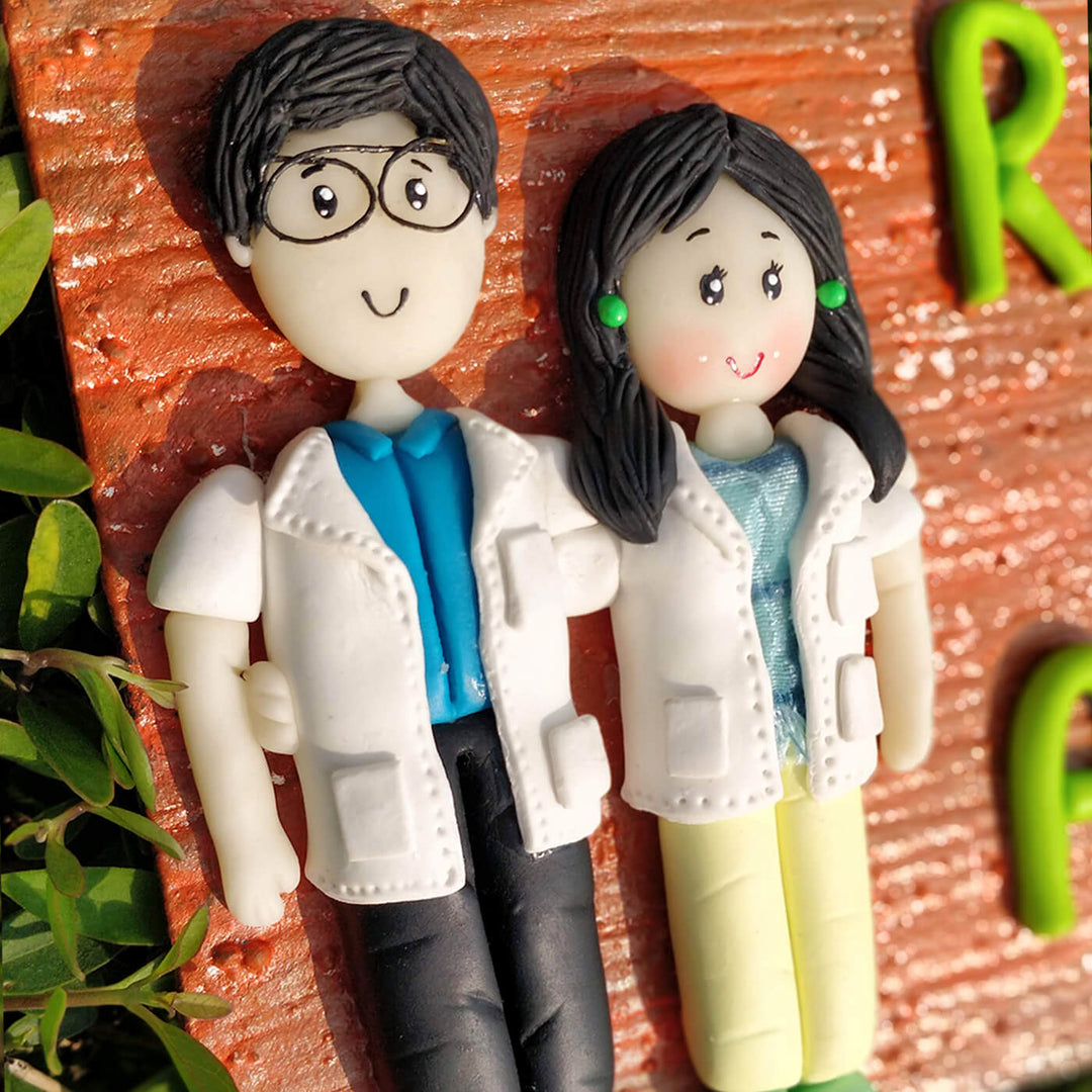 Handcrafted Personalized Clay Caricature Couple Nameplate For Doctors
