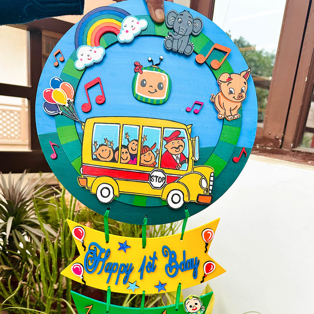 Hand Painted Personalized First Birthday Theme Kids Name Plate - Front View with Birthday Banner