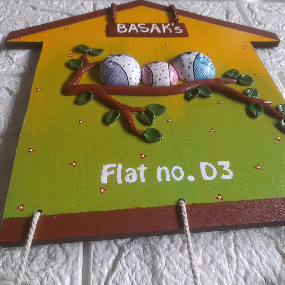 Handcrafted Personalised Leaf Themed Name Plate - Front View Hanging on Wall