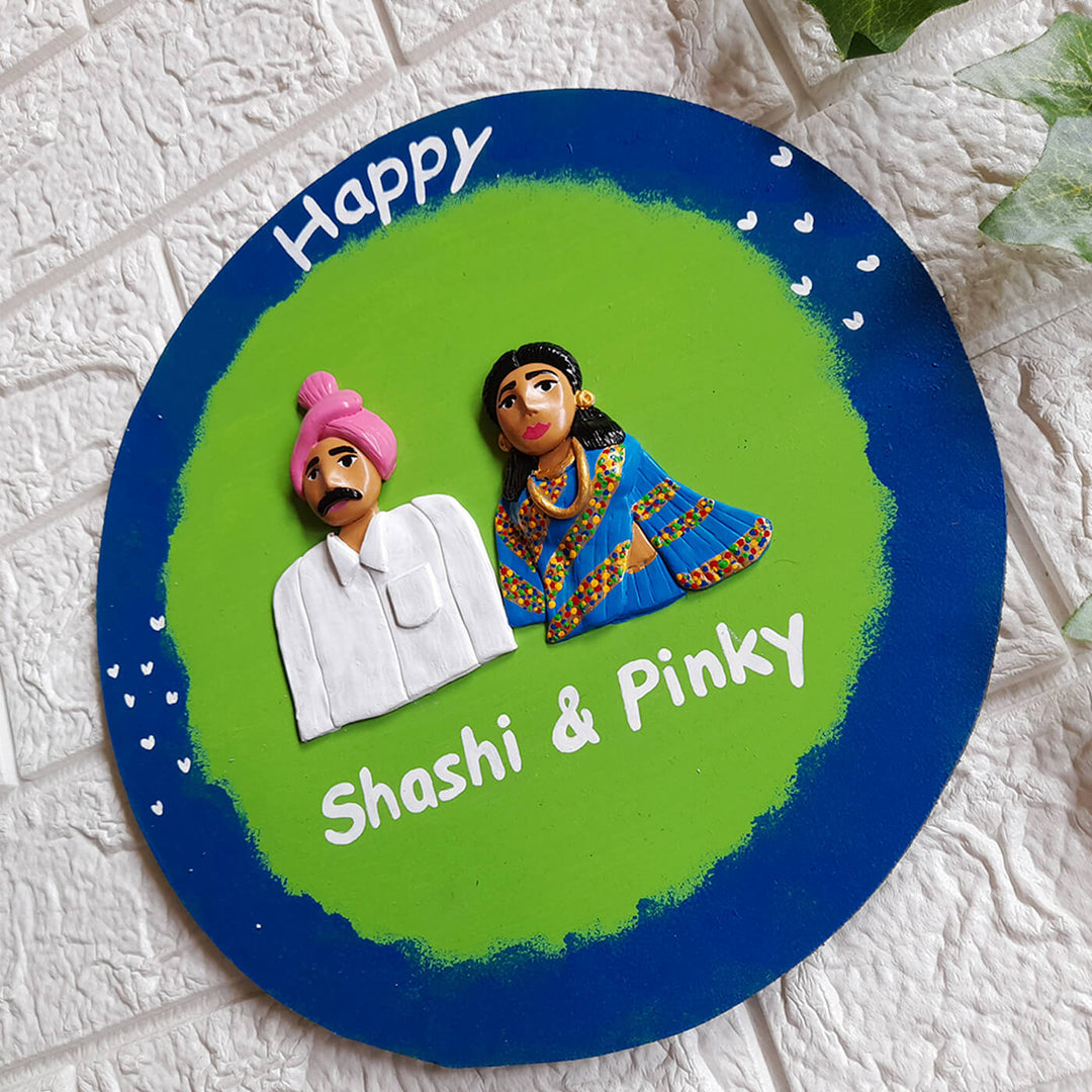 Handcrafted Personalised Couple Nameplate With Clay Figurines