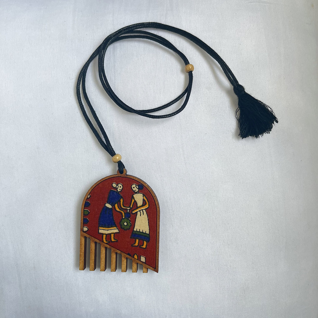 Handcrafted Wood & Fabric Fringe Necklace & Earrings