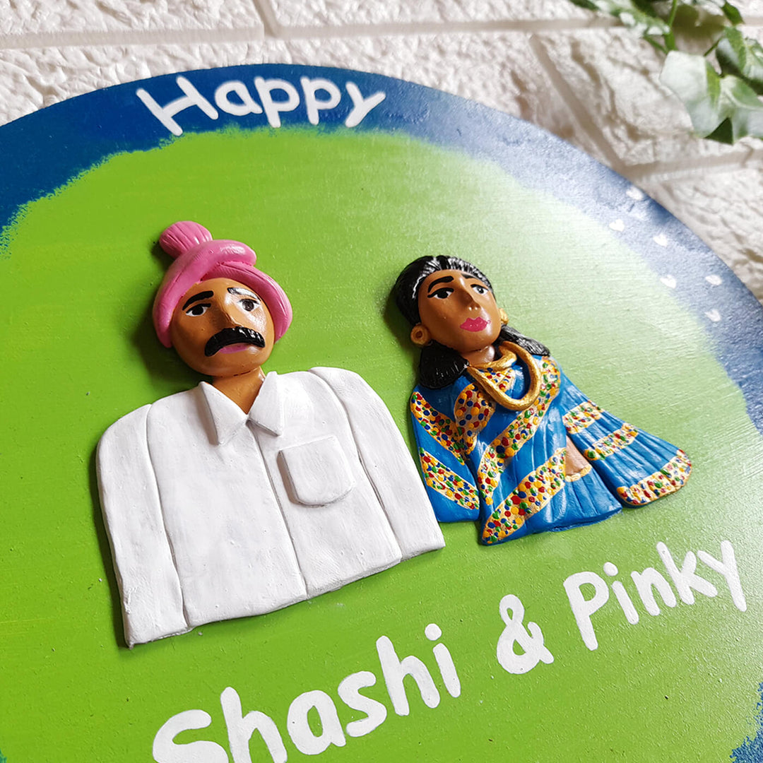 Handcrafted Personalised Couple Nameplate With Clay Figurines