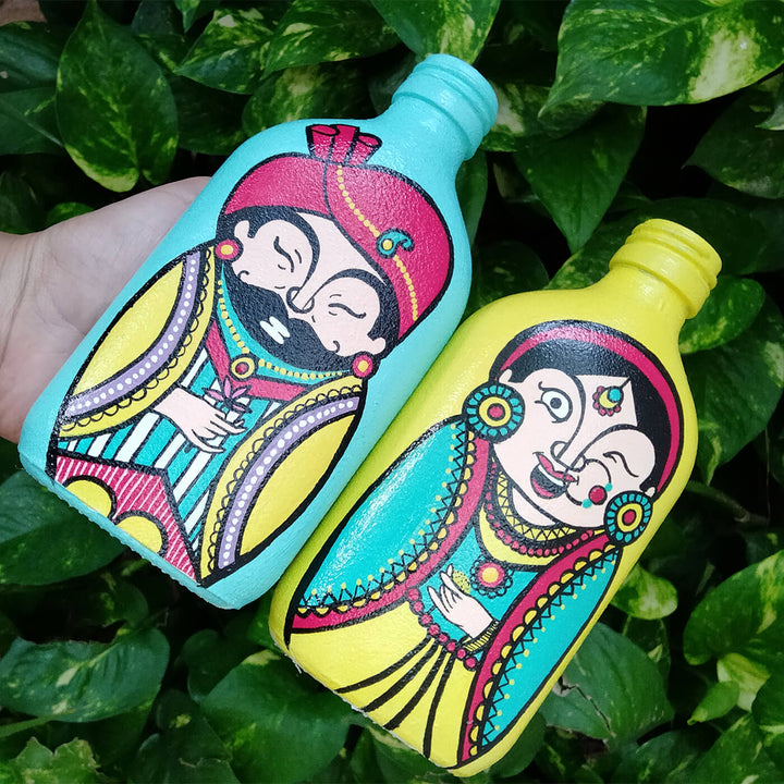 Handpainted Glass Bottle with Quirky Illustrations | Set of 2