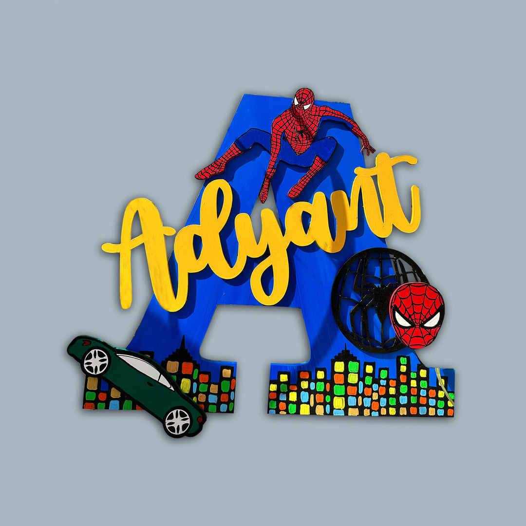 Hand Painted Personalised Kids Spiderman Themed Monogram Nameplate