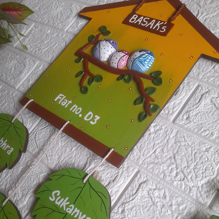 Handcrafted Personalised Leaf Themed Name Plate - Angled Side View Hanging Display
