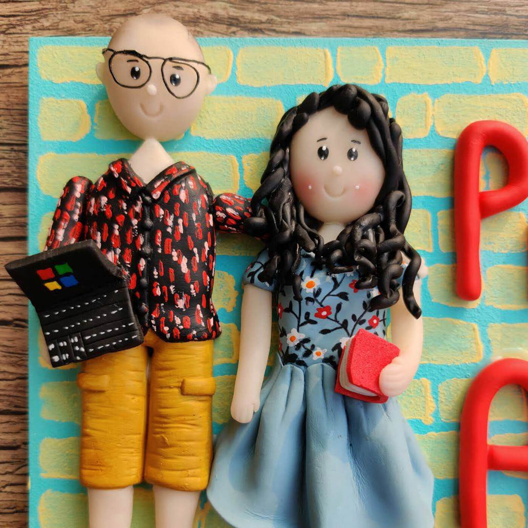 Handcrafted Personalized Clay Caricature Couple Nameplate
