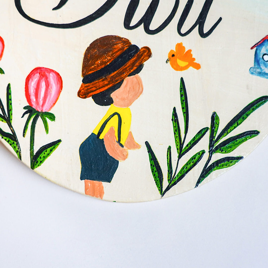 Handpainted Round Wooden Kids Nameplate