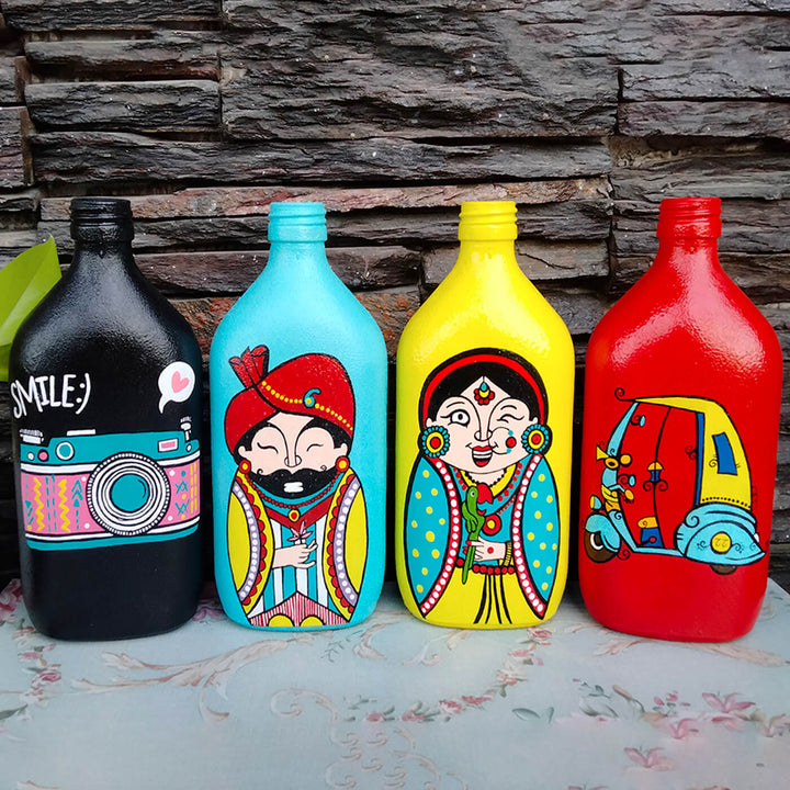 Handpainted Glass Bottle with Quirky Illustrations