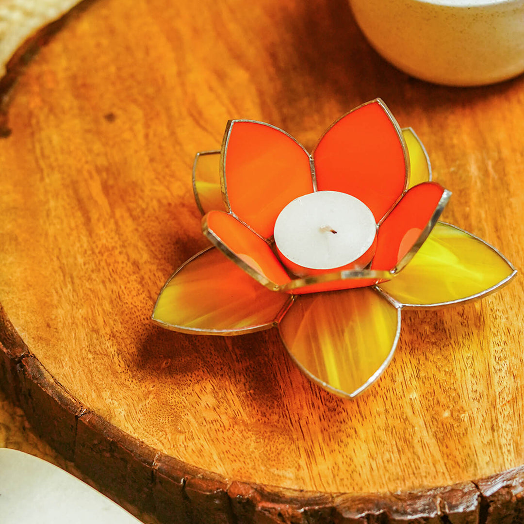 Handcrafted Stained Glass Lotus Tea Light Holder