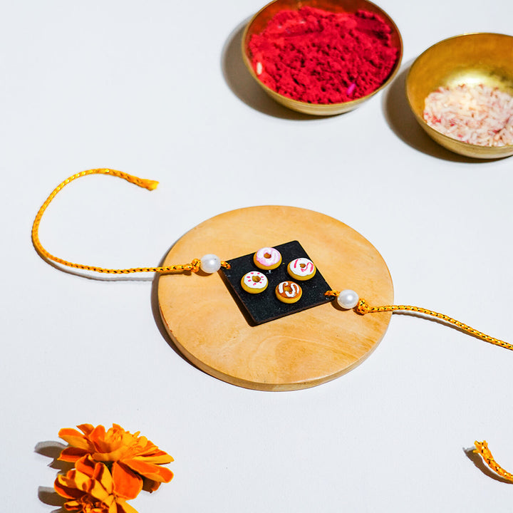 Handmade Donut Food Themed Clay Rakhi With Roli Chawal
