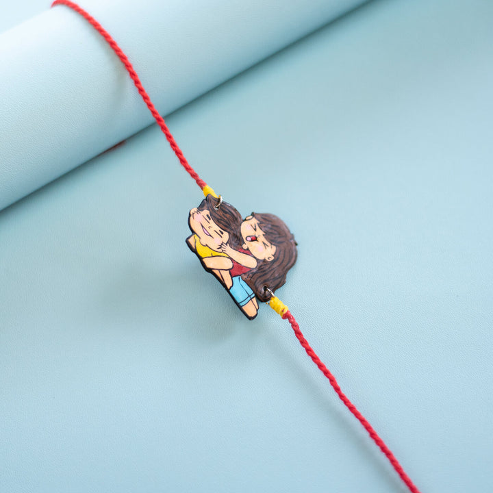 Handpainted Sibling Illustration Rakhi With Roli Chawal