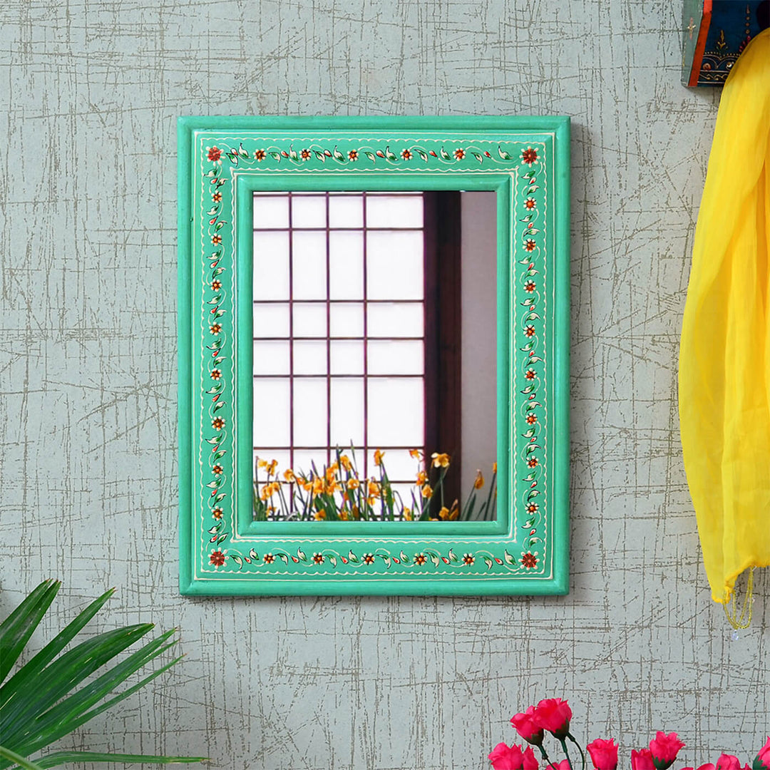 Handpainted Rectangle Wooden Mirror | 13 x 16 Inches