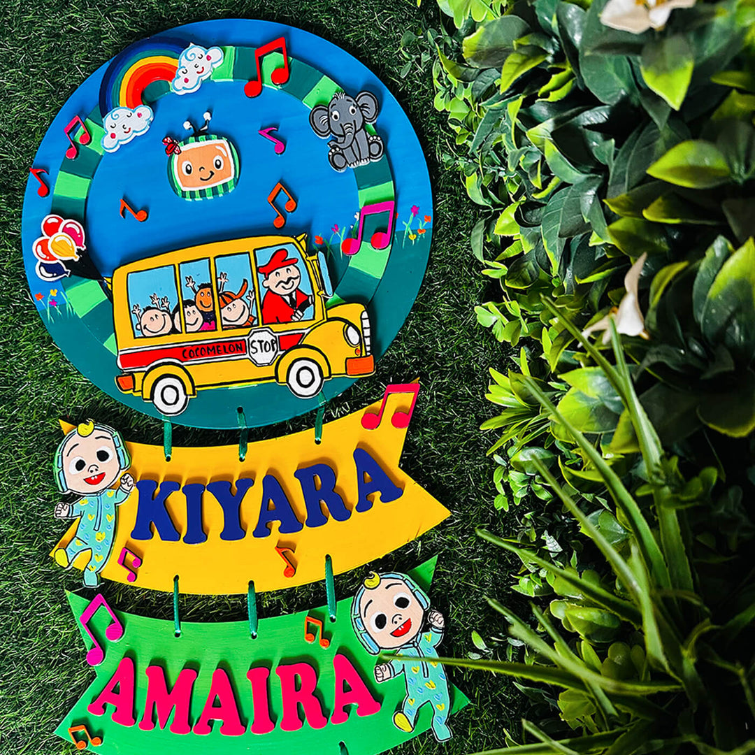 Hand Painted Personalized Cocomelon & Bus Themed Sibling Nameplate