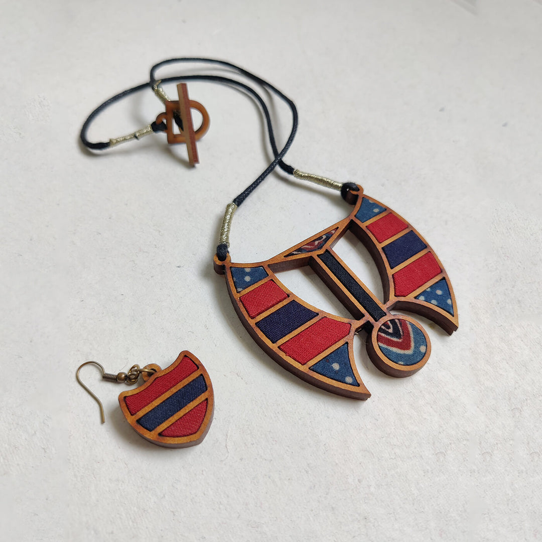 Handcrafted Wood & Fabric Arc Earrings & Necklace