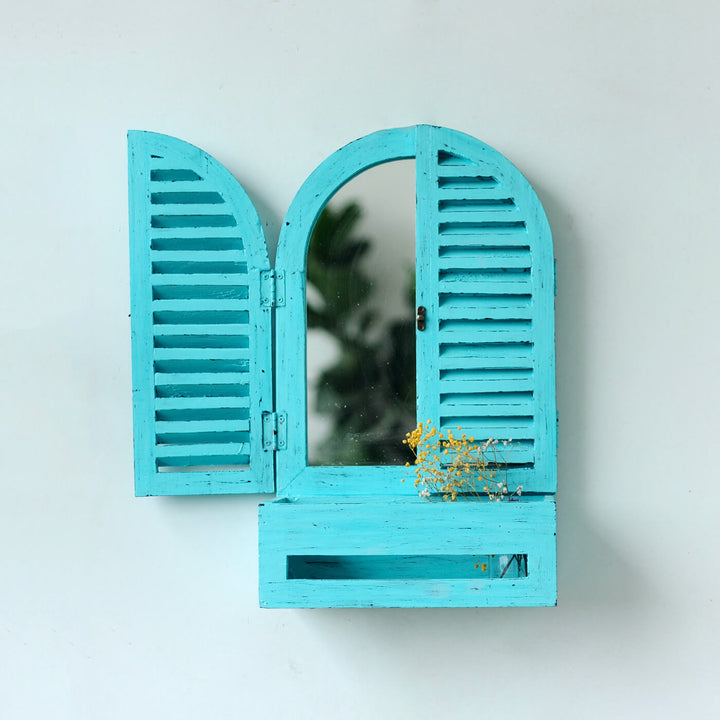 Mini Window Mirror with Basket - Distress Finish