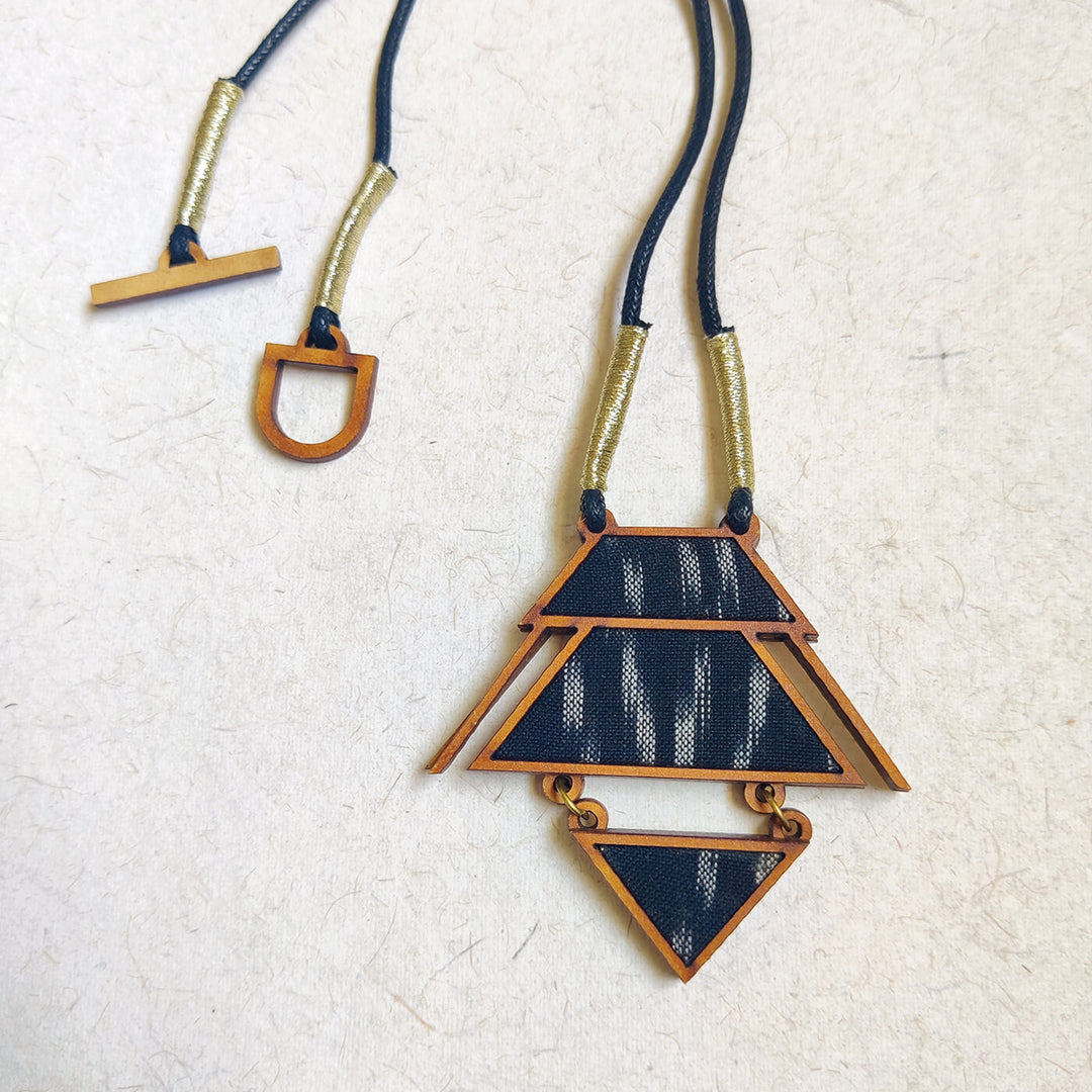 Handcrafted Wood & Fabric Triangle Necklace & Earrings - Zwende