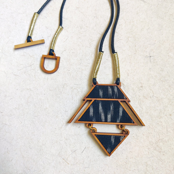 Handcrafted Wood & Fabric Triangle Necklace & Earrings - Zwende