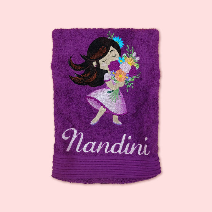 Embroidered Personalized Egyptian Cotton Kids Towel - Girl With Flowers