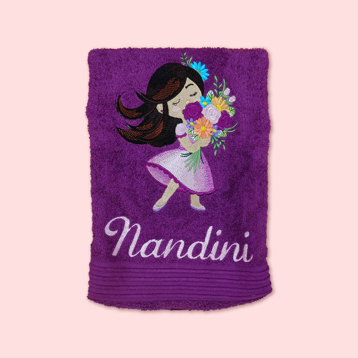 Embroidered Personalized Egyptian Cotton Kids Towel - Girl With Flowers - Zwende