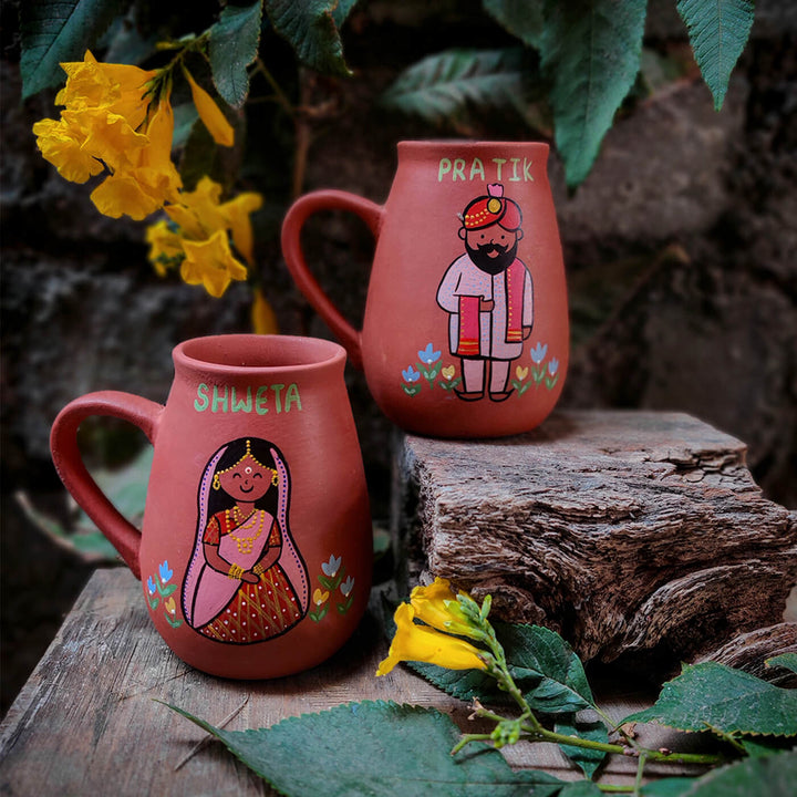 Handpainted Clay Mugs for Couples - Personalized Wedding Gift