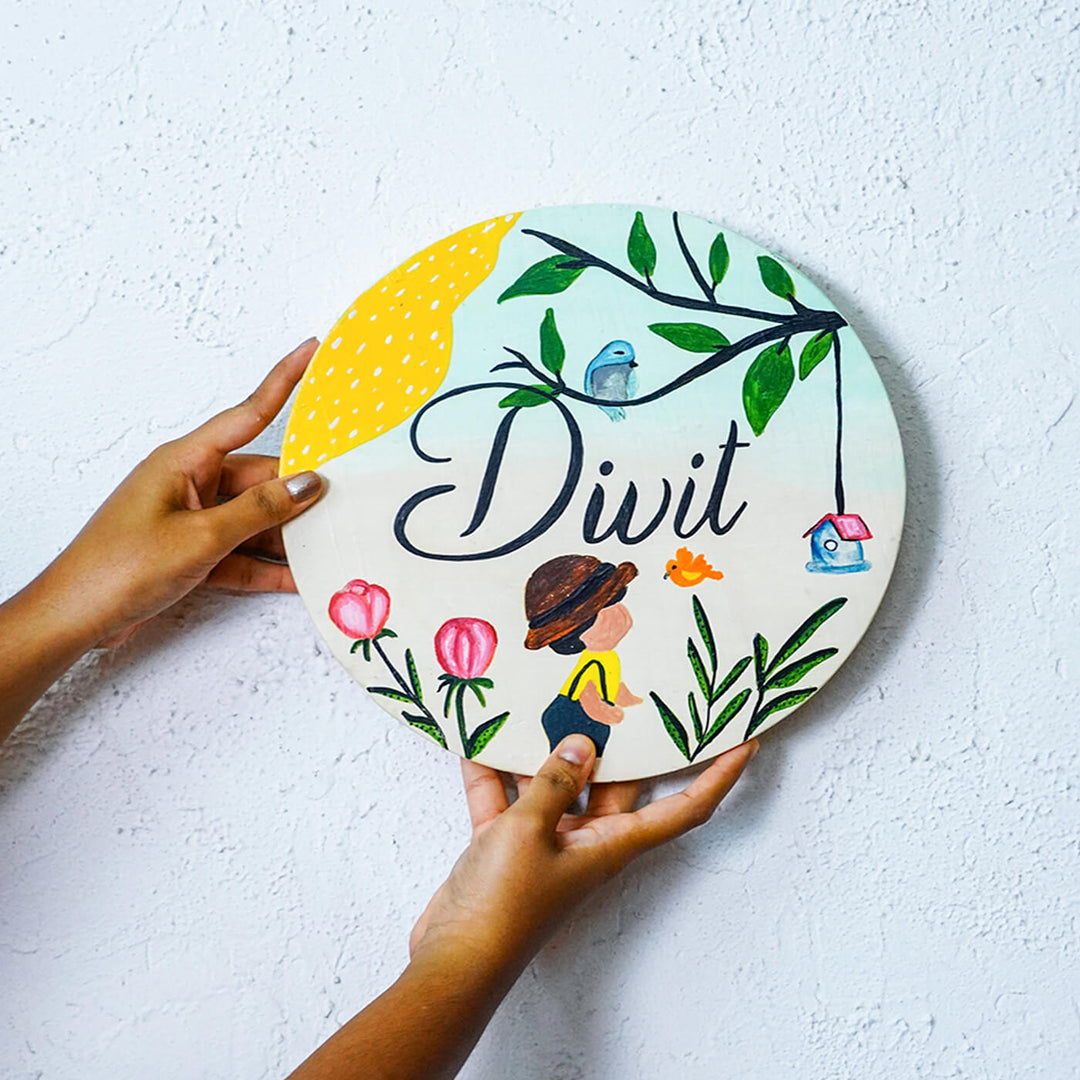 Handpainted Round Wooden Kids Nameplate