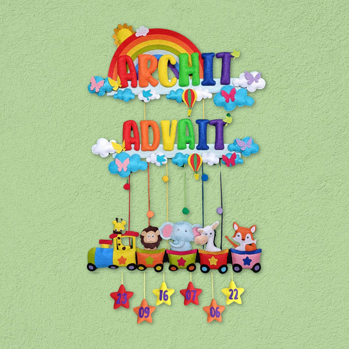 Handcrafted Personalized Felt Name Plate for Siblings | Rainbow Train