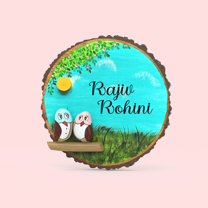 Hand-painted Pebble Art Owl Tree Bark Nameboard