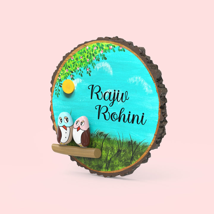 Hand-painted Pebble Art Owl Tree Bark Nameboard
